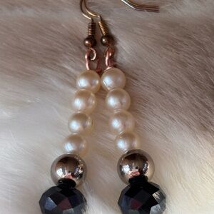Pearl and Faceted Black Bead Drop Earrings - Women Jewelry